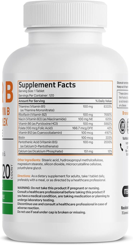 Bronson Vitamin B 100 Complex High B1, B2, B2, B3, B3, B6, B6, B9 B9 - B12), 120 120 Tablets