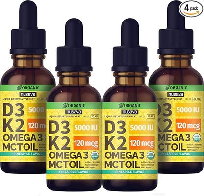 (4 Pack) Organic Vitamin D3 K2 Drops with MCT Oil Omega 3, Maximum Strength Vitamin D Liquid 5000 IU, No Fillers, Non-GMO Liquid D3 for Faster Absorption and Immune Support (Pineapple, 4 Fl Oz)