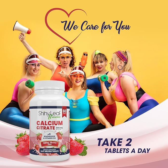 Shiny Leaf Bariatric Calcium Citrate 600mg - Supplement for Bariatric Surgery Patients, 2 x 60 Ct Chewable Calcium Tablets with Magnesium, Vitamin D3, Vegetarian - Cherry & Strawberry Flavors