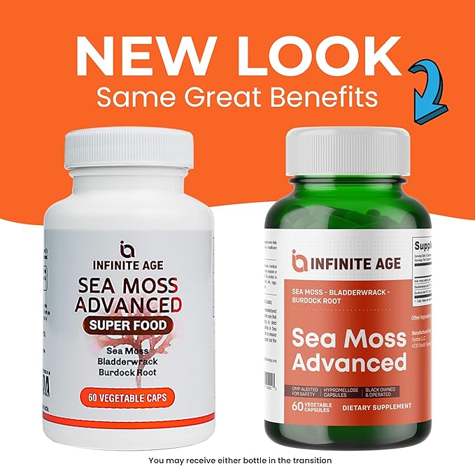 INFINITE AGE: 3 Pack, 1250mg Sea Moss Advanced Superfood, High-Potency, Vegan, Made in The USA - Irish Sea Moss, Bladderwrack, Burdock Root - Overall Health, Immunity Support, 180 Sea Moss Capsules