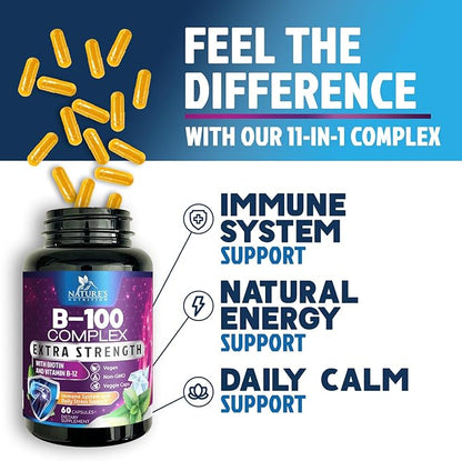 Vitamin B Complex Capsules with Vitamins B1 B2 B3 B6 B12 B100 C Biotin Folate & Folic Acid - Supplement for Energy, Brain, & Immune Support - Super B Vitamin Complex for Women & Men - 60 Vegan Pills