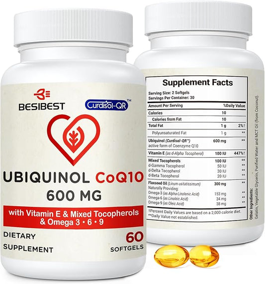 Ubiquinol CoQ10-600mg-Softgel, Active Coq10 Ubiquinol Supplement 3, 6, 6, 9, 9, High Absorption-Coenzyme-Q10, Powerful 60 Count