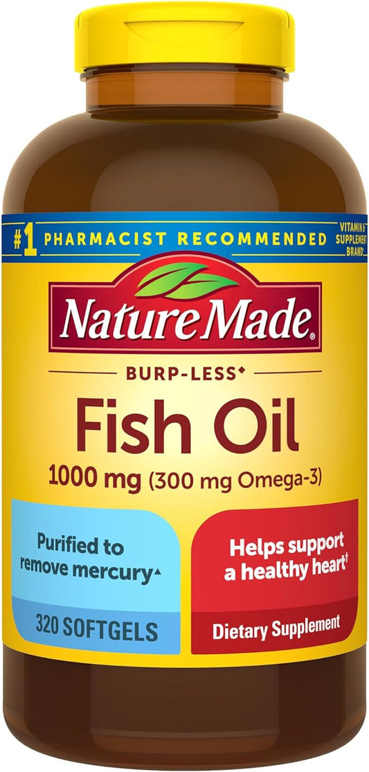 Nature Made Burp Less Fish Oil 1000 mg 3 Fish 3 Supplement 320 Softgels, 160 Day