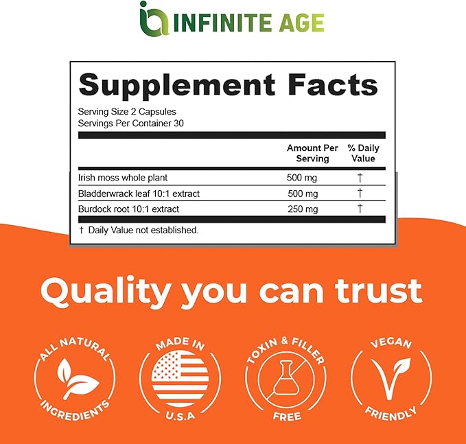 INFINITE AGE: 2 Pack, 1250mg Sea Moss Advanced Superfood, High-Potency, Vegan, Made in The USA - Irish Sea Moss, Bladderwrack, Burdock Root - Overall Health, Immunity Support, 120 Sea Moss Capsules
