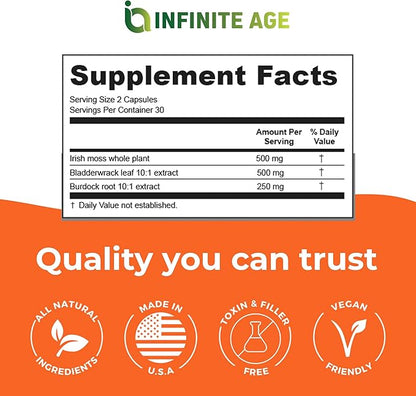 INFINITE AGE: 2 Pack, 1250mg Sea Moss Advanced Superfood, High-Potency, Vegan, Made in The USA - Irish Sea Moss, Bladderwrack, Burdock Root - Overall Health, Immunity Support, 120 Sea Moss Capsules
