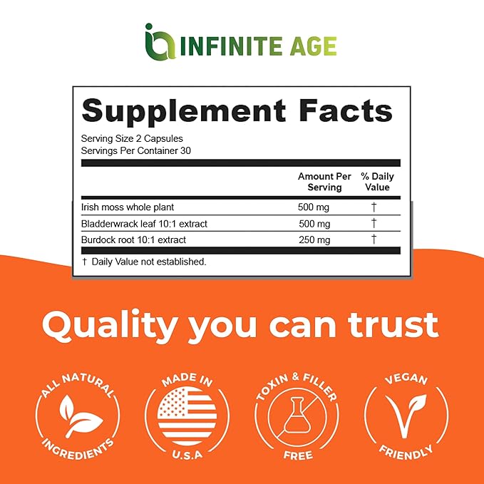 INFINITE AGE: 2 Pack, 1250mg Sea Moss Advanced Superfood, High-Potency, Vegan, Made in The USA - Irish Sea Moss, Bladderwrack, Burdock Root - Overall Health, Immunity Support, 120 Sea Moss Capsules