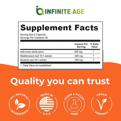 INFINITE AGE: 2 Pack, 1250mg Sea Moss Advanced Superfood, High-Potency, Vegan, Made in The USA - Irish Sea Moss, Bladderwrack, Burdock Root - Overall Health, Immunity Support, 120 Sea Moss Capsules