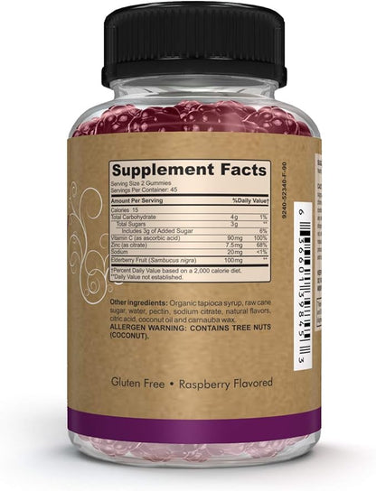 Pomona Wellness Elderberry Gummies with Zinc and Vitamin C for Immune Support 3-1 Chewable Black Elderberry Gummy Supplement for Kids and Adults, Vegan, 90 Gummies