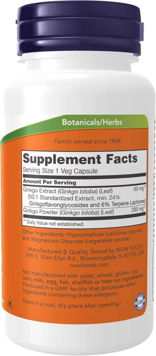 NOW Supplements, Ginkgo Biloba 60 mg, 24% Standardized 60 Veg