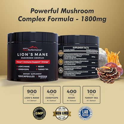 MEN'S PeakPerformance Lion's Mane Mushroom Supplement Capsules with Reishi, Cordyceps, Turkey Tail – Brain Nootropic for Memory, Focus, Natural Energy, & Immune Support Supplement (120 Capsules)