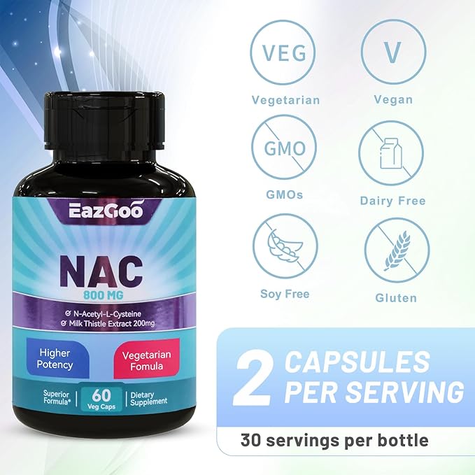 NAC Supplement N-Acetyl Cysteine 800mg, 200mg, Non-GMO, 60 Capsules