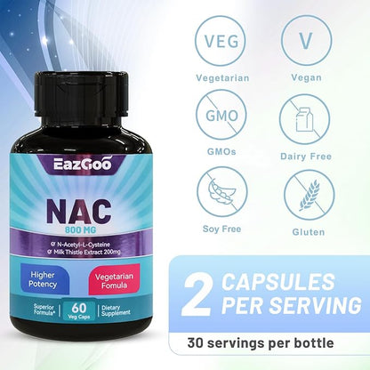 NAC Supplement N-Acetyl Cysteine 800mg, 200mg, Non-GMO, 60 Capsules