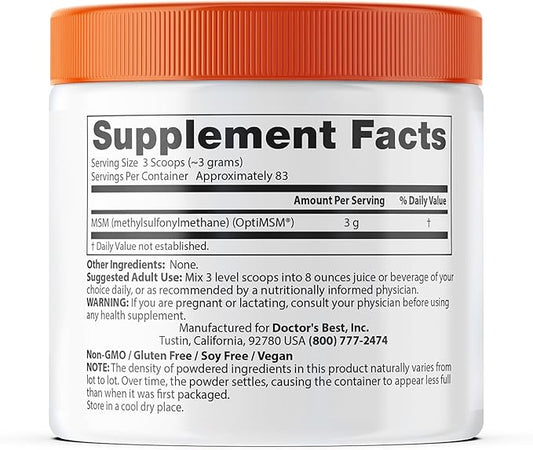 Doctor's Best MSM Powder with OptiMSM, 250 Grams
