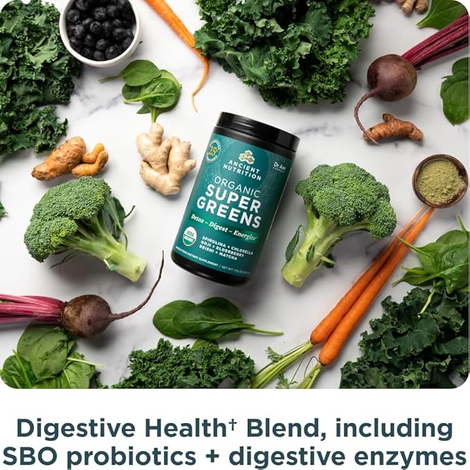 Super Greens Powder by Ancient Nutrition, Organic Superfood Powder with Probiotics Made with Spirulina, Chlorella, Matcha, and Digestive Enzymes, 25 Servings, 7.5oz