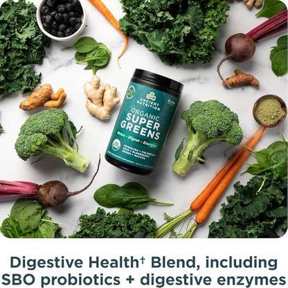 Super Greens Powder by Ancient Nutrition, Organic Superfood Powder with Probiotics Made with Spirulina, Chlorella, Matcha, and Digestive Enzymes, 25 Servings, 7.5oz