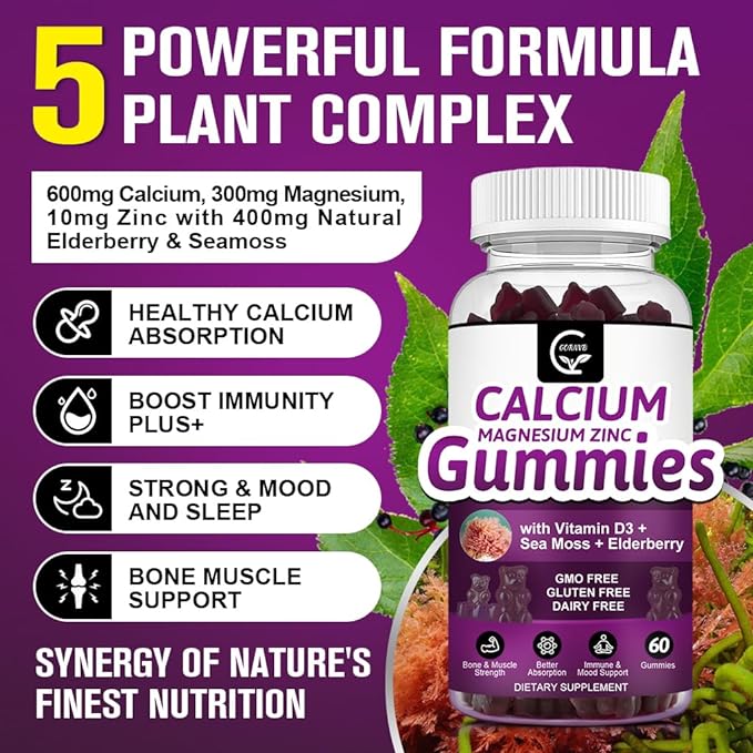 Calcium Magnesium Zinc Gummies with High 2:1 Ratio, D3 Sea Vegan-3 Pack