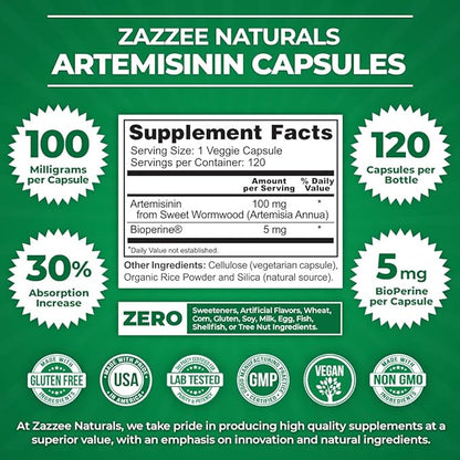 Zazzee High Absorption Artemisinin, 100 mg 120 Vegan 5 mg 4 Month