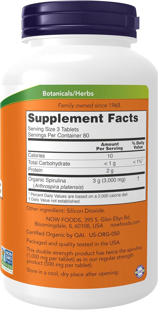 NOW Spirulina Double Strength, 1000 mg Organic 240 Tablets