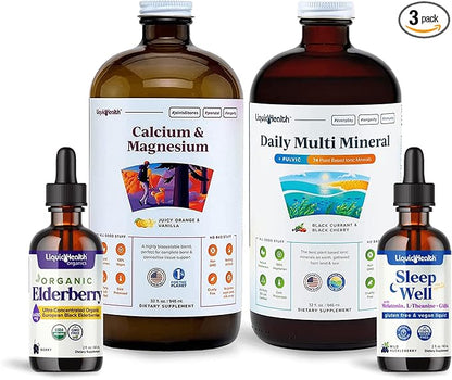 LIQUIDHEALTH Recovery, Rest, & Relaxation (RRnR) Liquid Vitamin Bundle with Calcium & Magnesium Multivitamin, Daily Multi Mineral Supplement, Organic Elderberry Drops, & Sleep Well Melatonin Drops