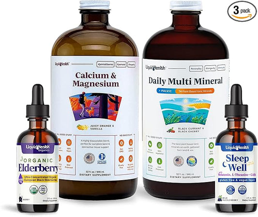 LIQUIDHEALTH Recovery, Rest, & Relaxation (RRnR) Liquid Vitamin Bundle with Calcium & Magnesium Multivitamin, Daily Multi Mineral Supplement, Organic Elderberry Drops, & Sleep Well Melatonin Drops