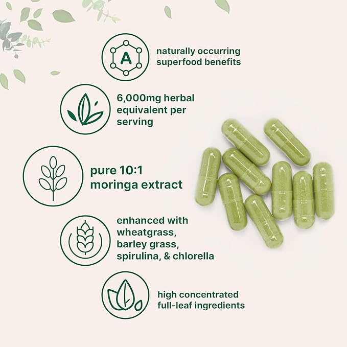 Moringa Oleifera 6,000mg Equivalent | 300 Capsules with Supergreens Blend of Wheatgrass, Barley Grass, Spirulina, & Chlorella | Antioxidant Supplement, Energy, & Immune Support | Non-GMO