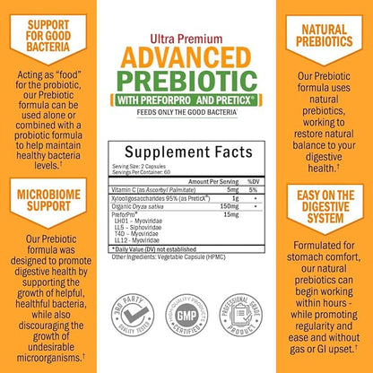 Prebiotics for Advanced Gut Health - Immune System Support & Dietary Fiber - Fuels Good Bacteria Growth to Promote Digestive Health - Gas & Digestion Support - Probiotics for Men & Women -120 Capsules