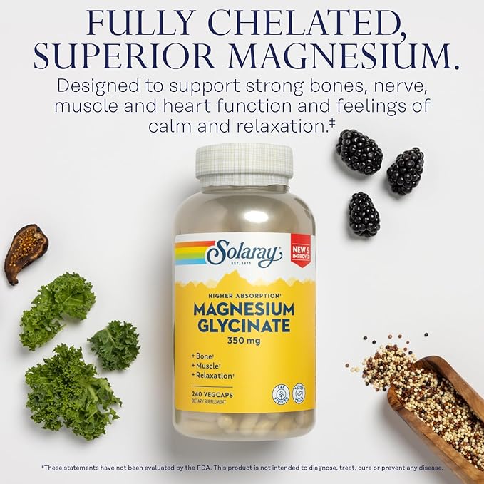 Solaray Magnesium Glycinate, New & Improved 60 Day 60 Servings, 240 VegCaps