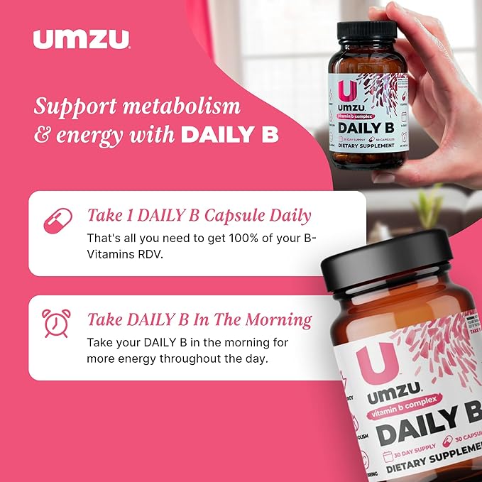 UMZU Daily B | 100% Complete Vitamin B Complex with B1, B2, B3, B5, B6, B7, B9 & B12 with Folic Acid | Supports Natural Energy Production &Cognitive Function Well (30 Day Supply | 30 Capsules)