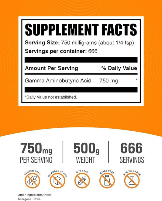 BulkSupplements.com GABA Powder - Gamma Aminobutyric Acid, GABA Supplement, GABA 750mg - Amino Acid Supplement, Gluten Free, 750mg per Serving, 500g (1.1 lbs) (Pack of 1)