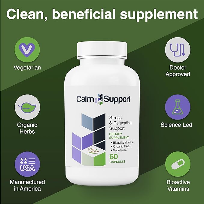 CalmSupport: Stress & Relaxation Support - Ashwagandha, Passion Flower, Valerian Root, Ginger, GABA, Velvet Bean, Motherwort, Oat Seed, Phyllanthus, L-Theanine, L-Tryptophan, Folate, C,B1,B6,B12,Zinc