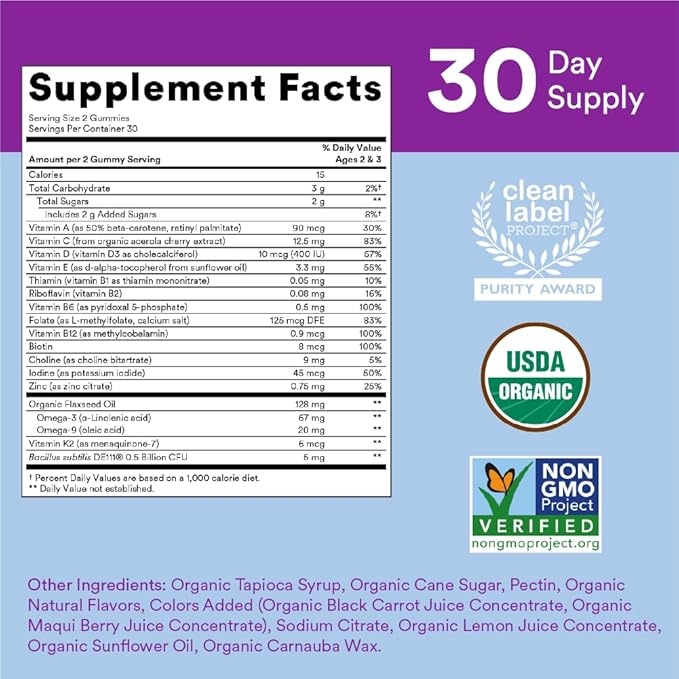 SmartyPants Organic Toddler Multivitamin Gummies: Probiotics, 3 (ALA), D3, C 3 Fish CoQ10