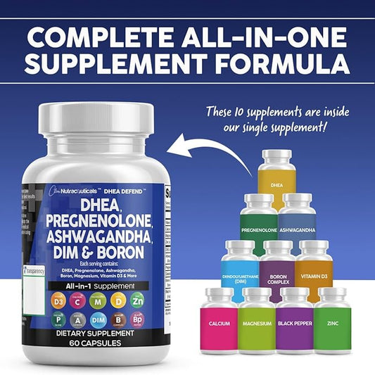 DHEA 200mg Supplement Pregnenolone 100mg for Men & Women with DIM Ashwagandha Boron 6mg Complex Calcium Magnesium Zinc 50mg Vitamin D3 5000 iu Hormone Support Capsules Pills - Made in USA 60 Ct