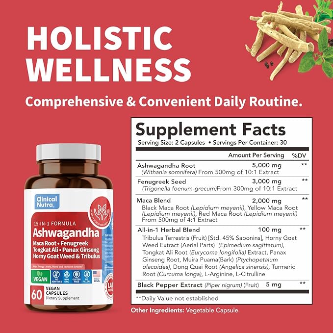 Ashwagandha 5000mg Maca Root 2000mg Fenugreek 3000mg Tongkat 60 Vegan