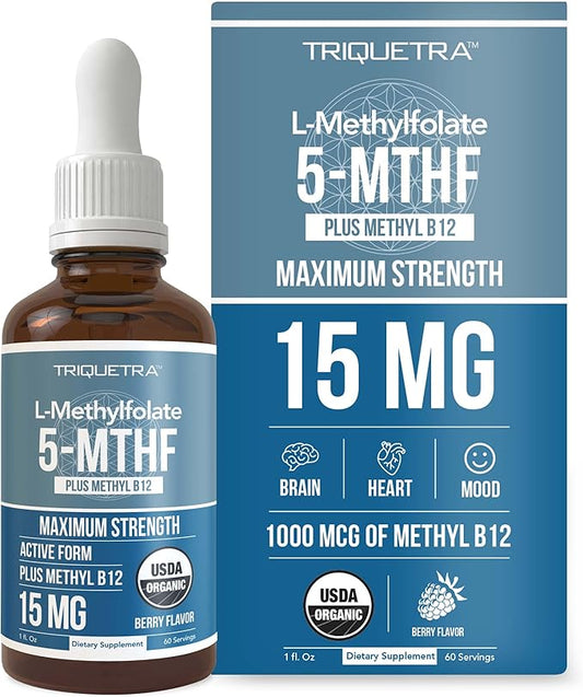 L Methyl Folate 15mg Plus Methyl B12 Cofactor 5-MTHF Form (1oz)