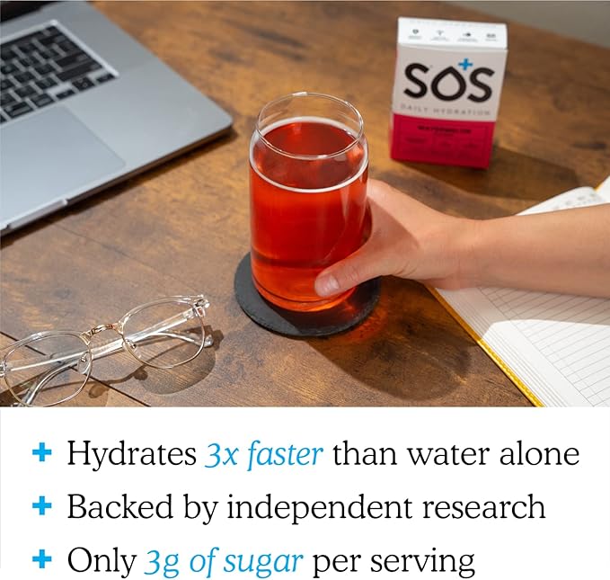 SOS Hydration Electrolyte Powder Drink Packets; Daily Hydration & Energy; Added Essential Vitamins; Low Sugar: 24 Servings