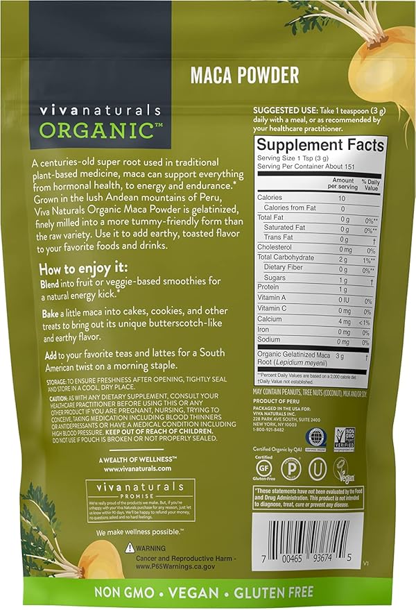 Viva Naturals Organic Maca Powder - Gelatinized Maca Powder Organic, Pervuian Superfood Traditionally Used for Energy, Certified Organic, Gluten-Free & Non-GMO, 16 Oz (1 lb) Bag