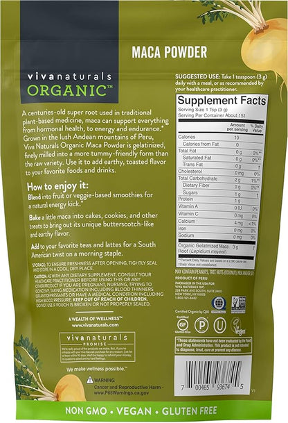 Viva Naturals Organic Maca Powder - Gelatinized Maca Powder Organic, Pervuian Superfood Traditionally Used for Energy, Certified Organic, Gluten-Free & Non-GMO, 16 Oz (1 lb) Bag
