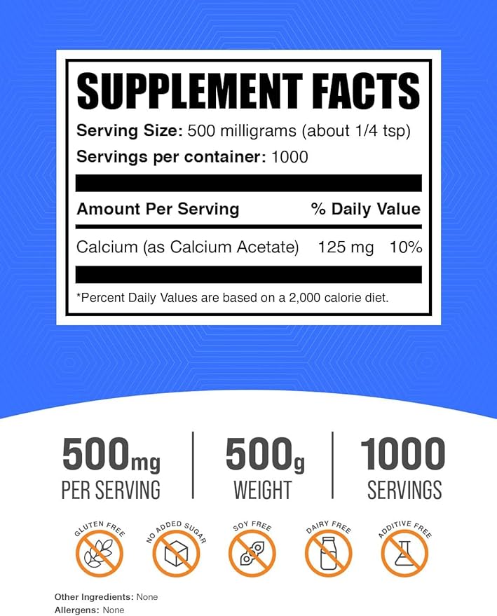 BulkSupplements.com Calcium Acetate Powder - Calcium Supplement, Calcium Acetate Supplement - Food Grade & Gluten Free, 500mg (125mg Calcium) per Serving, 500g (1.1 lbs) (Pack of 1)