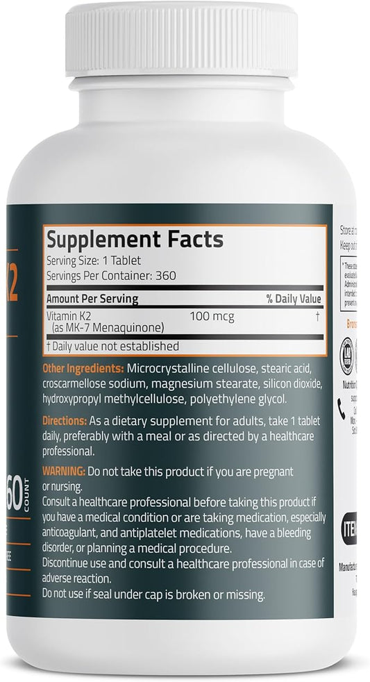 Bronson Vitamin K2 MK-7 100 MCG, K2 as MK7 Menaquinone, 1 Year 360 Tablets