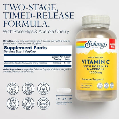 SOLARAY Vitamin C 1000mg Timed Release 60 Day 275 Servings, 275 VegCaps