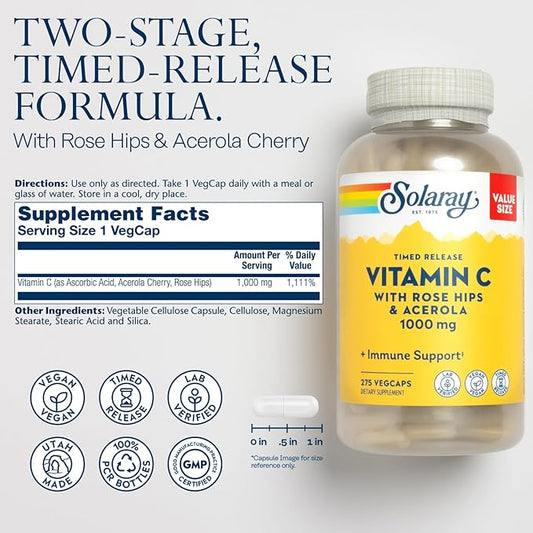 SOLARAY Vitamin C 1000mg Timed Release 60 Day 275 Servings, 275 VegCaps