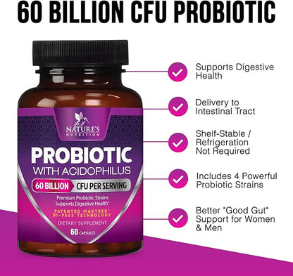 Probiotics 60 Billion CFU per Serving - 10 Strains + Prebiotics - Immune, Digestive & Gut Health Support, Supports Occasional Constipation, Gas & Bloating for Women & Men, Shelf Stable - 60 Capsules