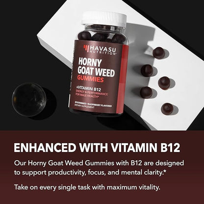 Horny Goat Weed Gummies with Vitamin B12 - Energy, Endurance & Performance Support for Men and Women - Enhanced with B12 Vitamins for Mood & Male Health Support - 60 Raspberry Vegan Gummies