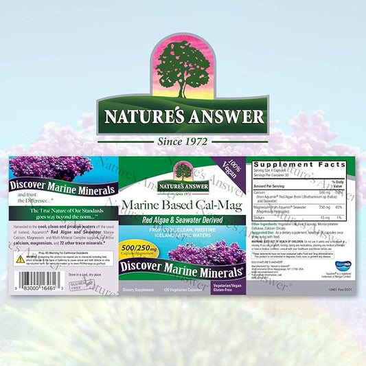 Nature's Answer Calcium Magnesium Capsules 120 Count - Daily Marine Based Magnesium & Calcium Supplement for Sleep & Bone Support - Vegan, Gluten Free, Alcohol Free for Everyone