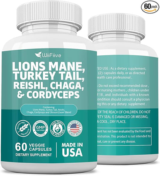 Lions Mane 3000mg Turkey Tail 3000mg 1000mg Chaga 1000mg Cordyceps 60 Capsules