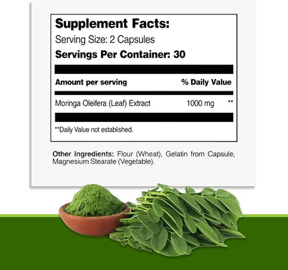 Pure Moringa Oleifera Leaf Extract Veggie Capsules 1000 mg. Natural Herbal Supplement. Energy, Mood, Memory and Focus Support. Premium Green Superfood (3 Bottles)