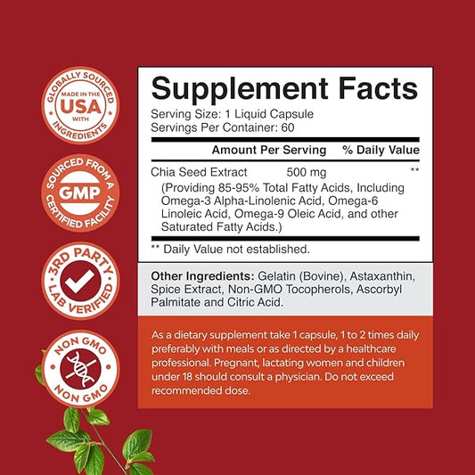 Chia Seed Oil Extract Capsules - Plant Based Omega 3 6 9 Supplement and Daily Fiber Capsules for Adults Digestive and Immune Support and Heart Health - Omega 3 Fatty Acids Supplement for Men and Women