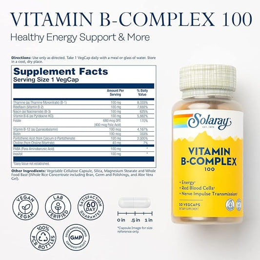 SOLARAY Vitamin B Complex 100 mg, B6, B12, B12, Biotin 50ct