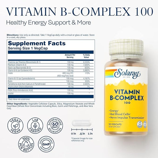 SOLARAY Vitamin B Complex 100 mg, B6, B12, B12, Biotin 50ct