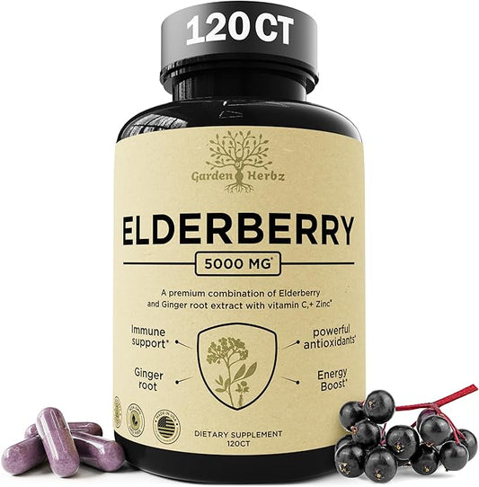 Elderberry with Vitamin C, Zinc, & Ginger – Potent Immune Booster 5000 Mg Elderberry, Zinc, & Vitamin C – Non-GMO Immunity Vitamins for Adults to Help You Feel Vibrant, 120 Caps